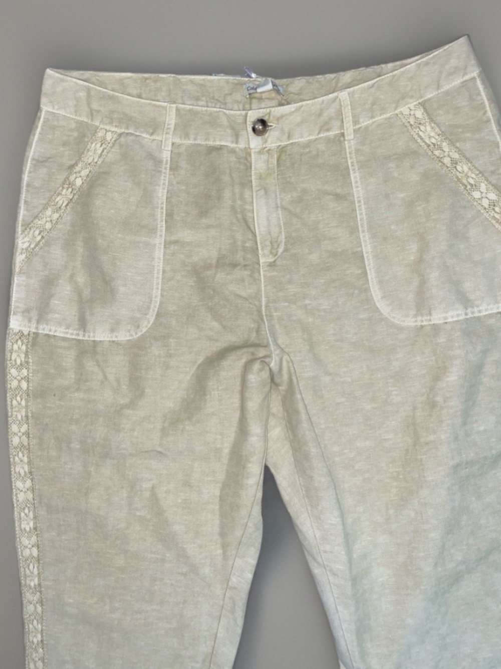 Coldwater Creek Linen Cropped Pants 18W Lace Trim NWT Sand - Picture 2 of 10